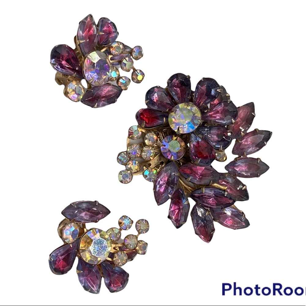 Vintage Beau Jewels Purple Blue Bicolor and AB Rhinestone Brooch and Earrings